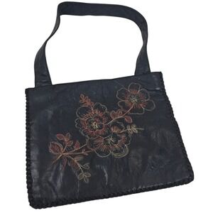 Vtg Chico's Leather Shoulder Bag Floral Embroidered Art to Wear Whipstitch Black